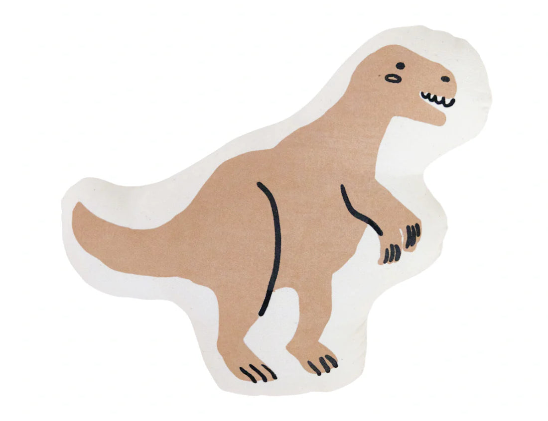 Imani Collective T-Rex Dinosaur Pillow, a tan T-rex shaped canvas pillow with a stitched face