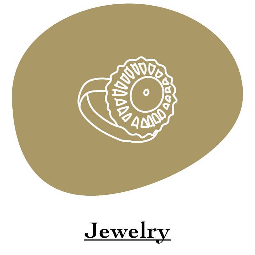"Jewelry" category name with white western Style Big Stone Ring Illustration on gold circle