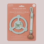 Jujube Roarsome Silicone Teether Ring in its retail packaging