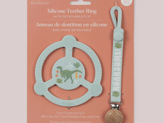 Jujube Roarsome Silicone Teether Ring in its retail packaging