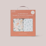 Jujube Roarsome Swaddle Blanket Set in its terracotta gift box with a window