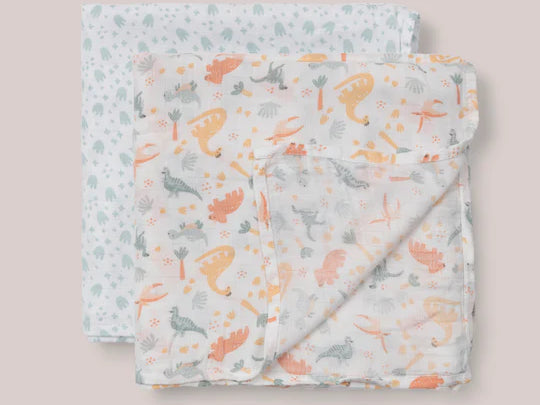 Jujube Roarsome Swaddle Blanket Set, two folded muslin swaddles with a colorful dinosaur print