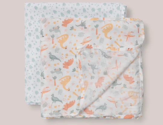 Jujube Roarsome Swaddle Blanket Set, two folded muslin swaddles with a colorful dinosaur print