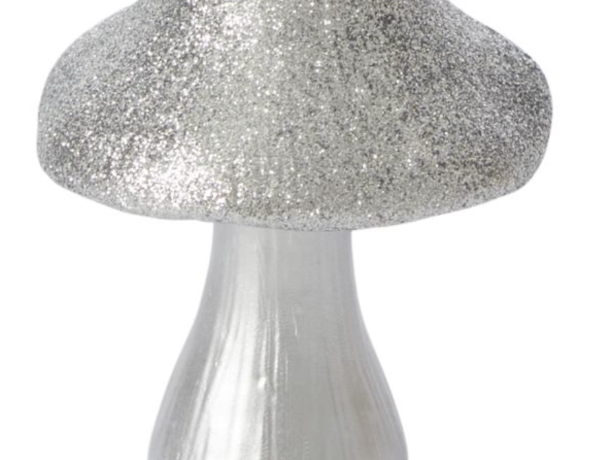 Kalalou Medium Sparkle Mushroom Figurine, a silver glitter mushroom with a white stem