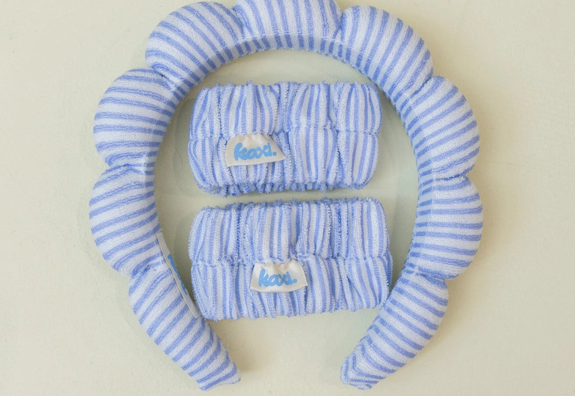 Kaxi GRWM Headband & Wristband Set in blue and white stripe, a puffy headband with two matching wristbands