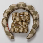 Kaxi GRWM Headband & Wristband Set in Neutral Checkered, a puffy tan checkered headband with two matching wristbands