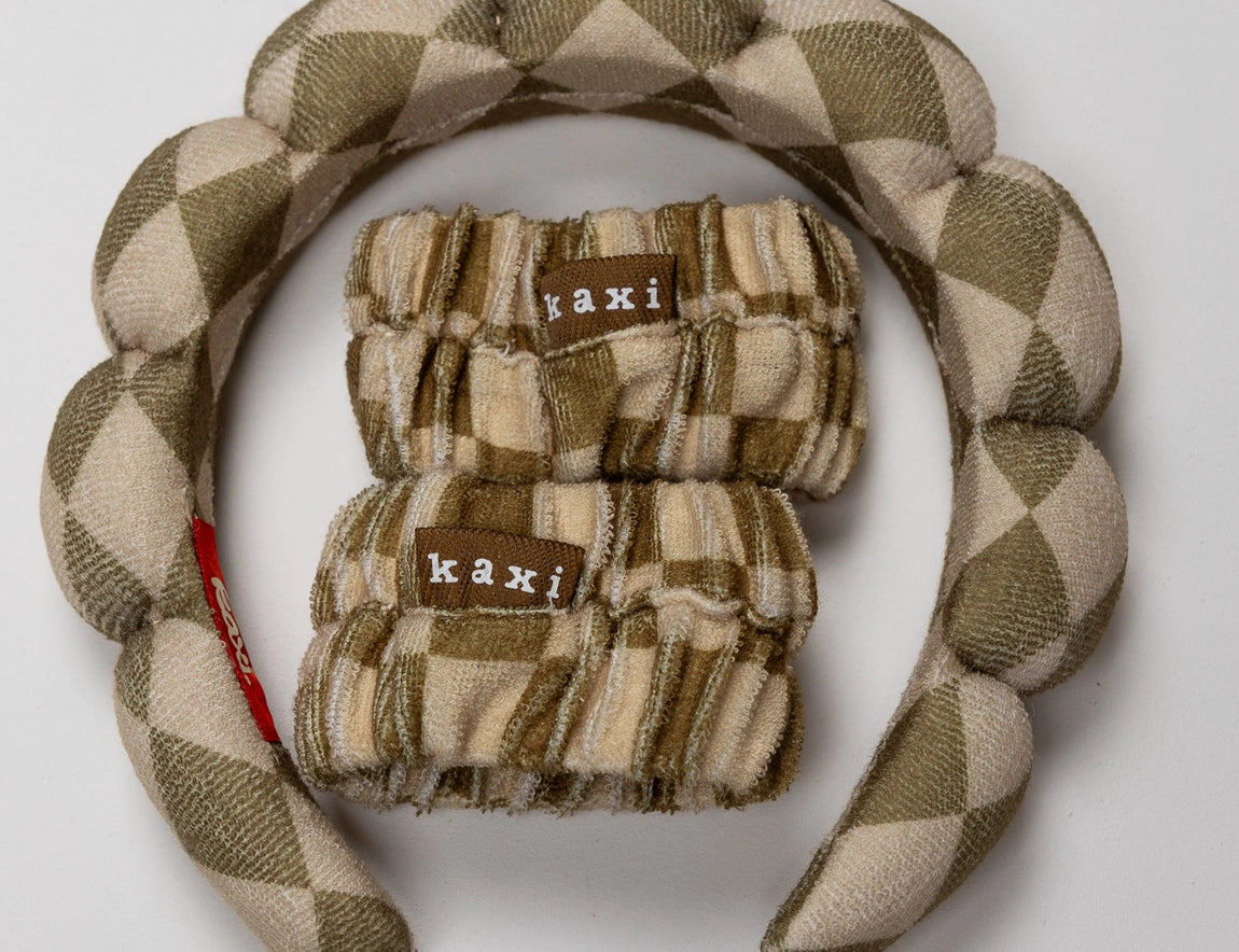 Kaxi GRWM Headband & Wristband Set in Neutral Checkered, a puffy tan checkered headband with two matching wristbands