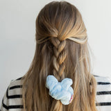 Kaxi Midi Towel Scrunchie in Baby Blue tied at the end of a French braid, back view