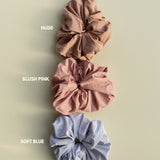 Kaxi Oversized Workout Scrunchies labeled Nude, Blush Pink and Soft Blue