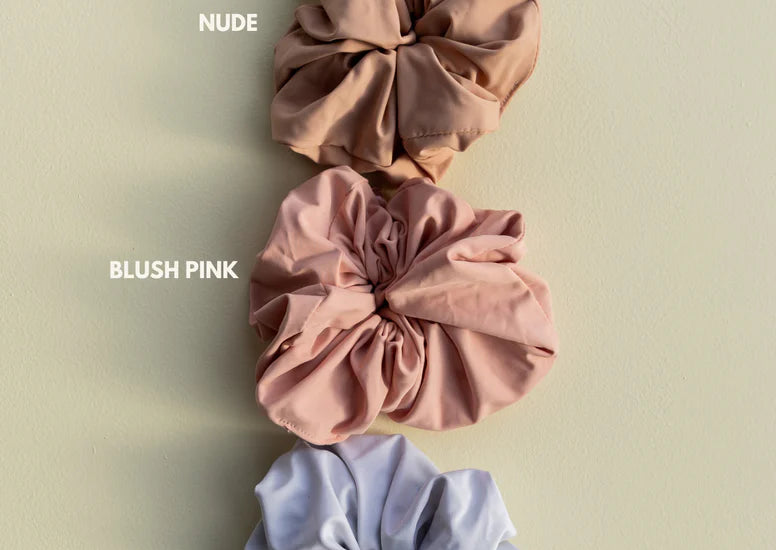 Kaxi Oversized Workout Scrunchies labeled Nude, Blush Pink and Soft Blue