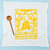 Kei & Molly Flour Sack Dish Towel in Bees, a white towel with a yellow beehive print reading Save the Bees