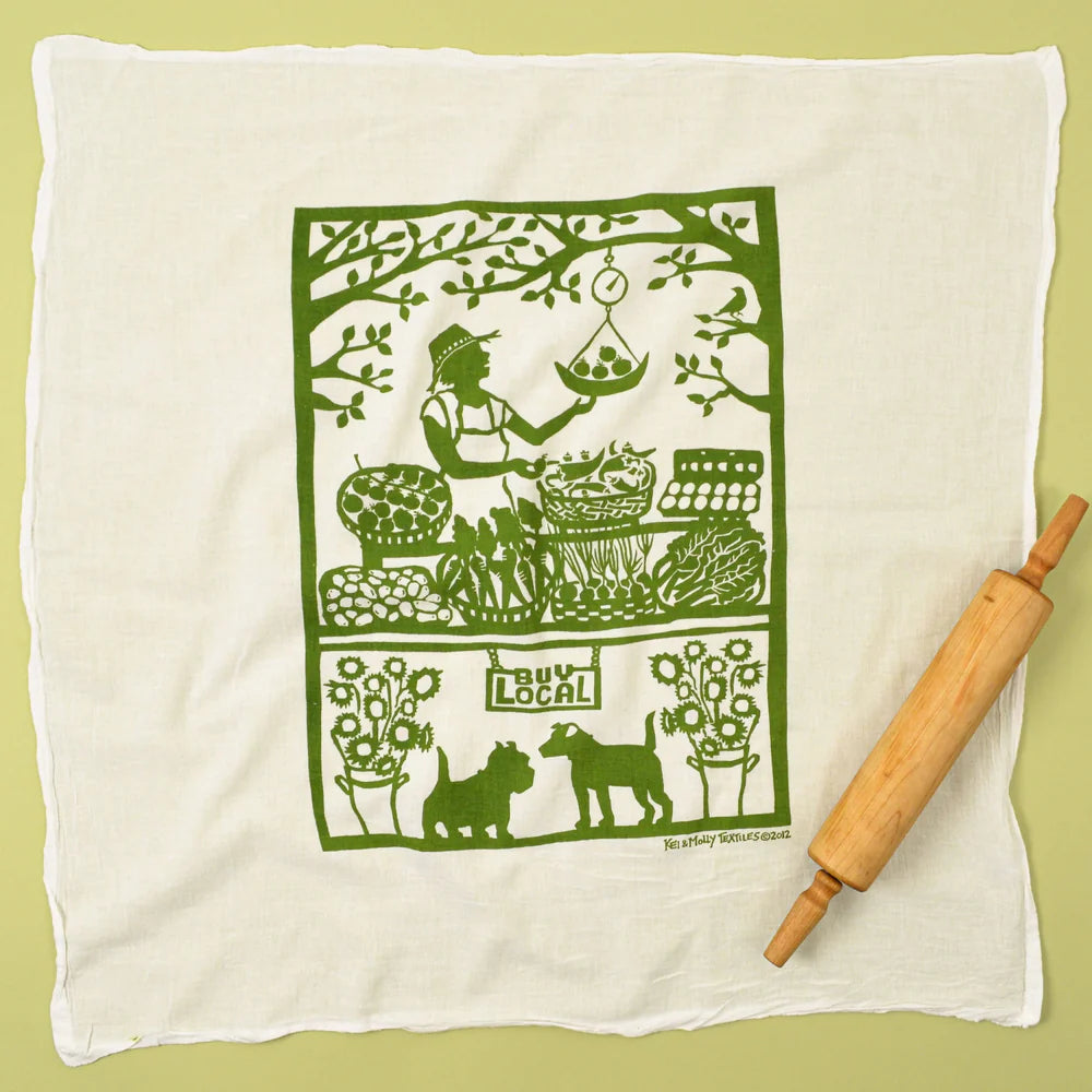 Kei & Molly Flour Sack Dish Towel in Buy Local, a white towel with a green farmers market print