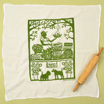Kei & Molly Flour Sack Dish Towel in Buy Local, a white towel with a green farmers market print