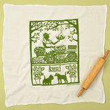 Kei & Molly Flour Sack Dish Towel in Buy Local, a white towel with a green farmers market print
