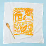Kei & Molly Flour Sack Dish Towel in Grow Local Squash, a white towel with an orange garden and chicken print