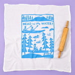 Kei & Molly Flour Sack Dish Towel in Head to the Water, a white towel with a blue canoe and lake print