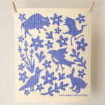 Kei & Molly Sponge Cloth in Buffalo, a cream cloth with a blue buffalo, bird and flower print