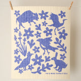 Kei & Molly Sponge Cloth in Buffalo, a cream cloth with a blue buffalo, bird and flower print
