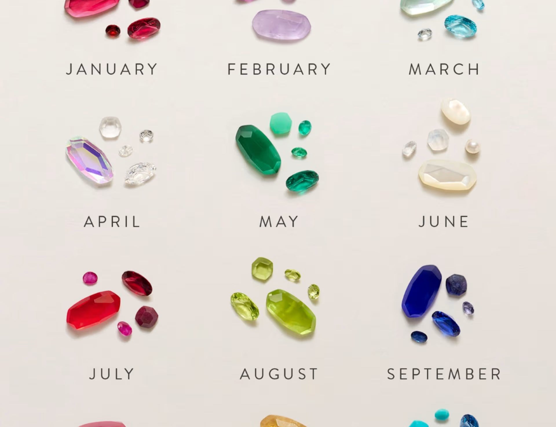 Kendra Scott birthstone color chart showing the crystal color for each month from January to December