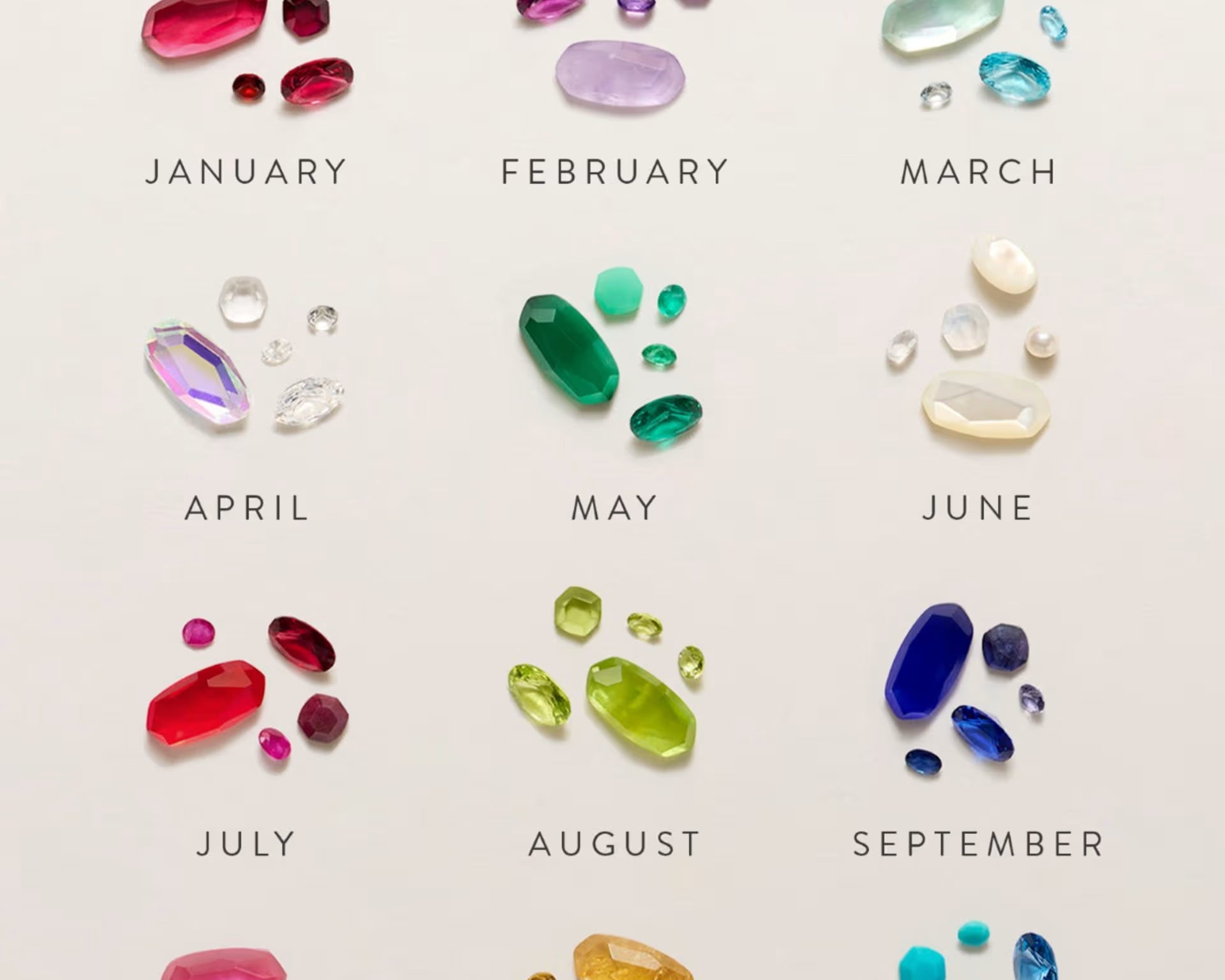Kendra Scott birthstone color chart showing the crystal color for each month from January to December