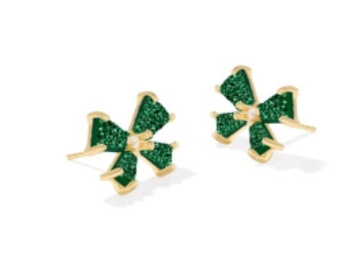 Kendra Scott Blair Bow Stud Earrings, gold bow studs with emerald green glitter inlay