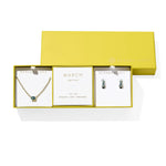 Kendra Scott Cailin Birthstone Gift Set for March in gold with Aqua Crystal, a pendant necklace and huggie earrings in a yellow gift box