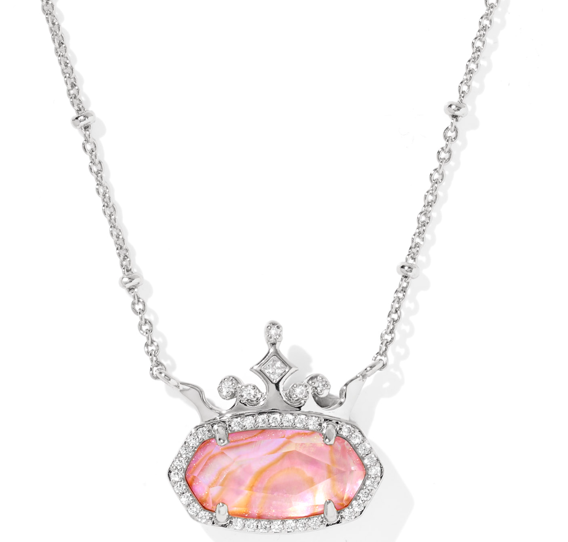 Kendra Scott Disney Princess Elisa Necklace, a silver pendant with a pink iridescent stone and crown accent