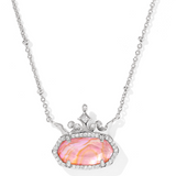 Kendra Scott Disney Princess Elisa Necklace, a silver pendant with a pink iridescent stone and crown accent
