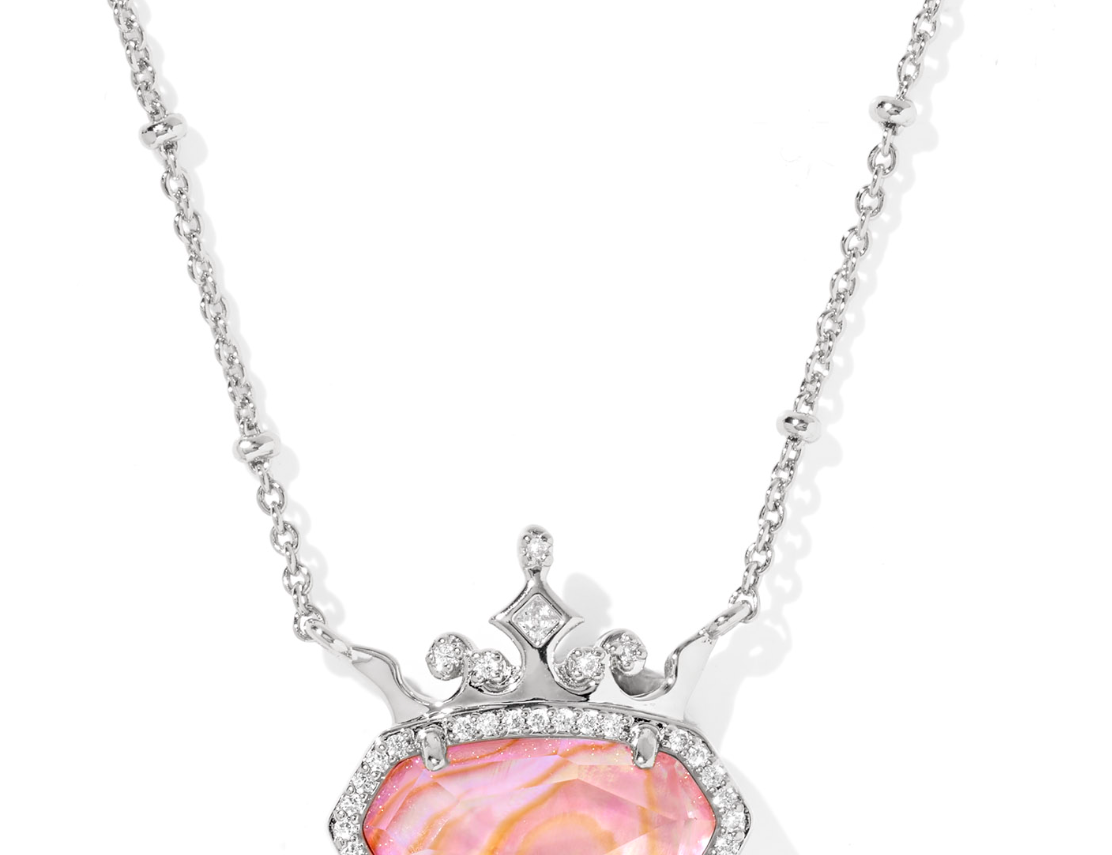 Kendra Scott Disney Princess Elisa Necklace, a silver pendant with a pink iridescent stone and crown accent