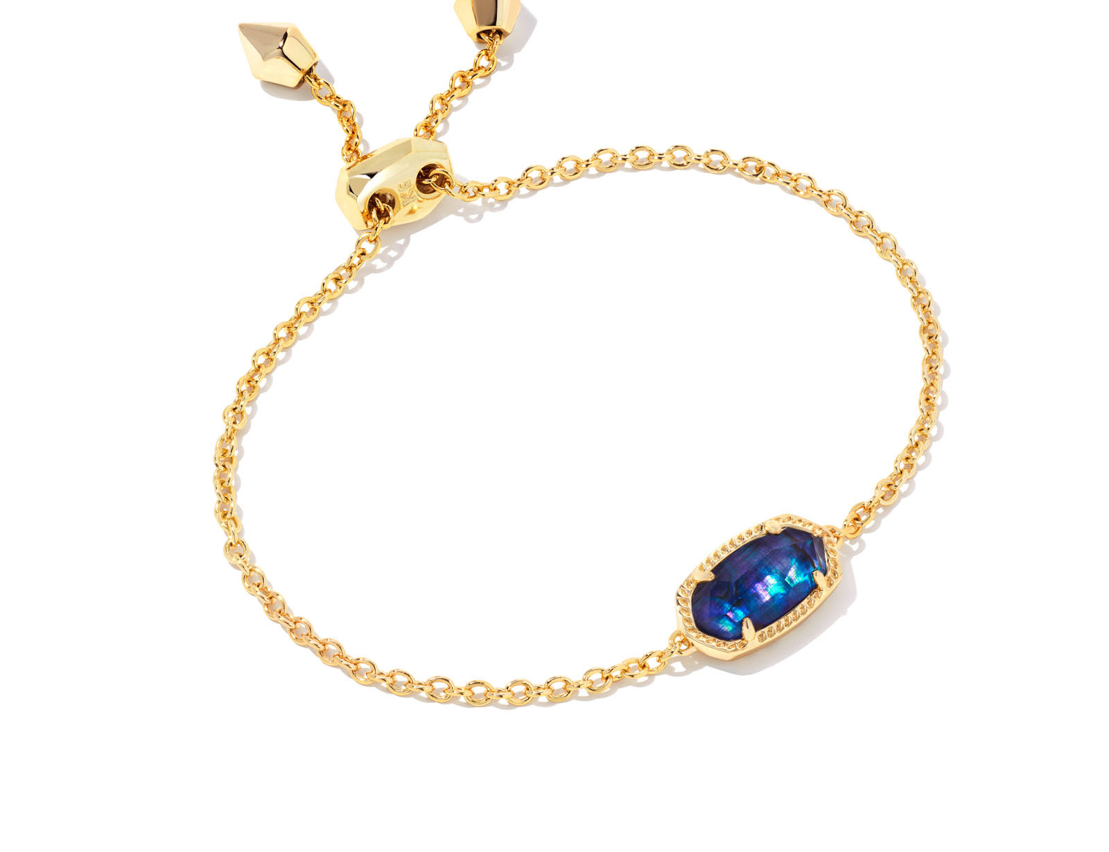 Kendra Scott Elaina Delicate Chain Bracelet in Gold Navy Abalone, a gold chain with a small oval navy stone