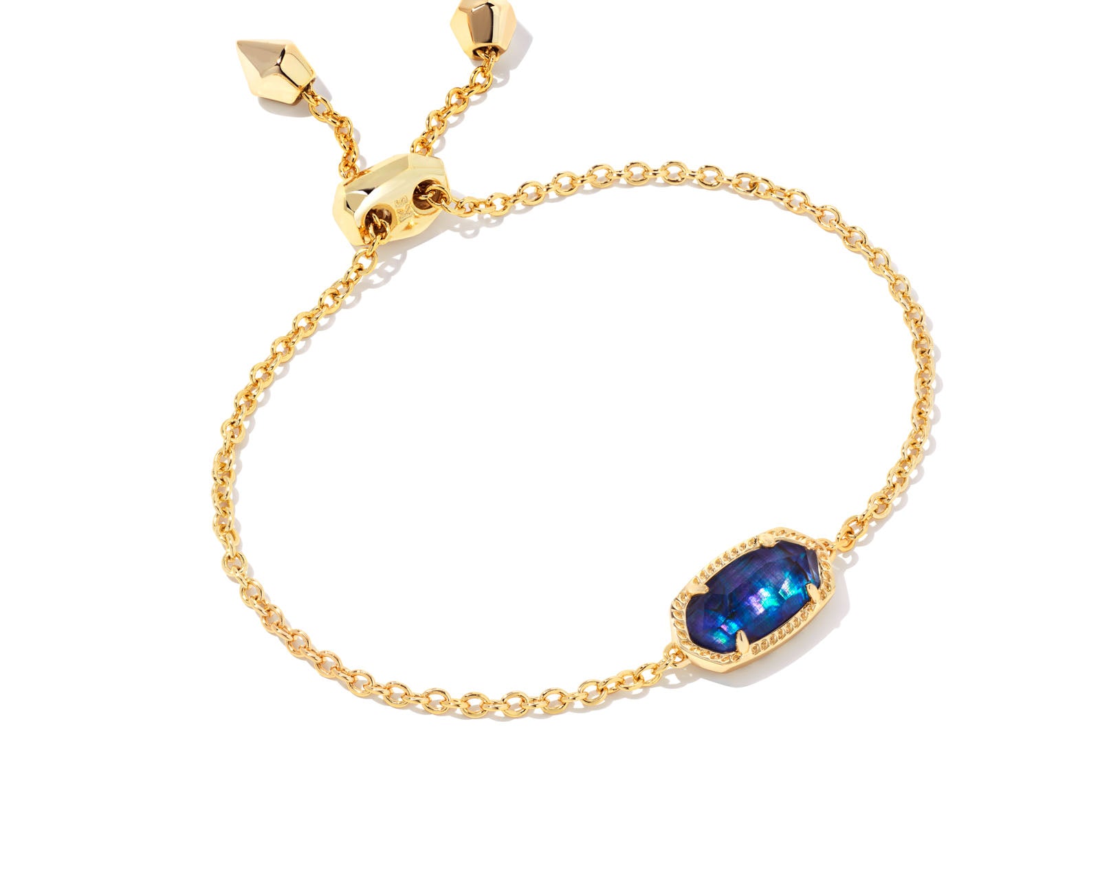 Kendra Scott Elaina Delicate Chain Bracelet in Gold Navy Abalone, a gold chain with a small oval navy stone