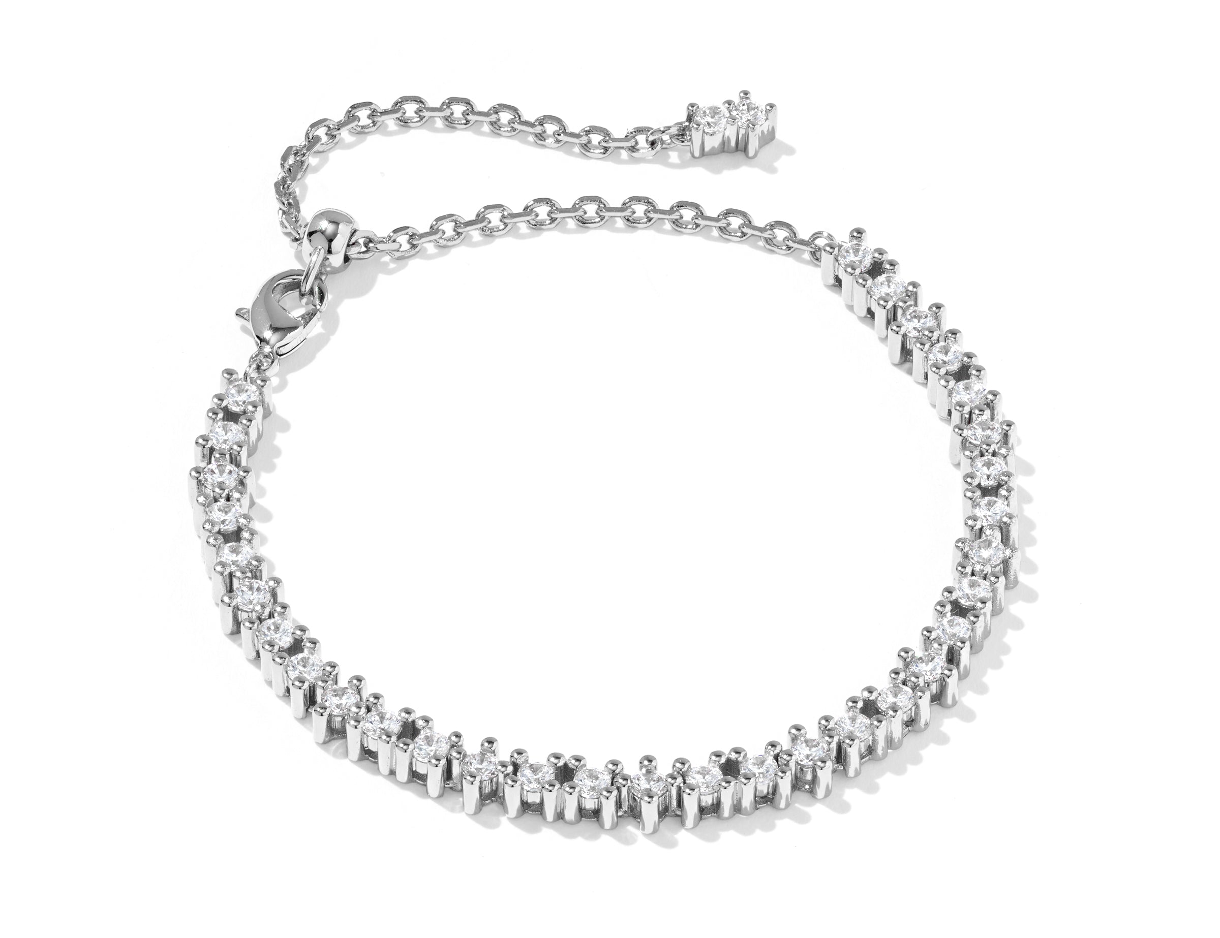 Kendra Scott Fate Tennis Bracelet in rhodium silver with a row of white cubic zirconia and extender chain