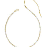 Kendra Scott Fate Tennis Necklace in gold, full length with cubic zirconia front and paperclip chain back