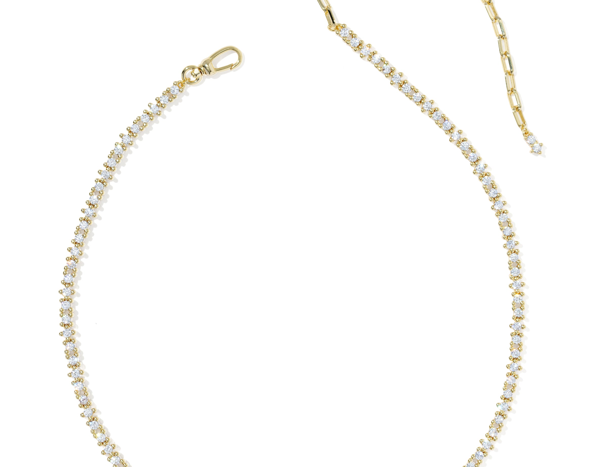 Kendra Scott Fate Tennis Necklace in gold, full length with cubic zirconia front and paperclip chain back