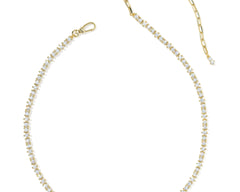 Kendra Scott Fate Tennis Necklace in gold, full length with cubic zirconia front and paperclip chain back