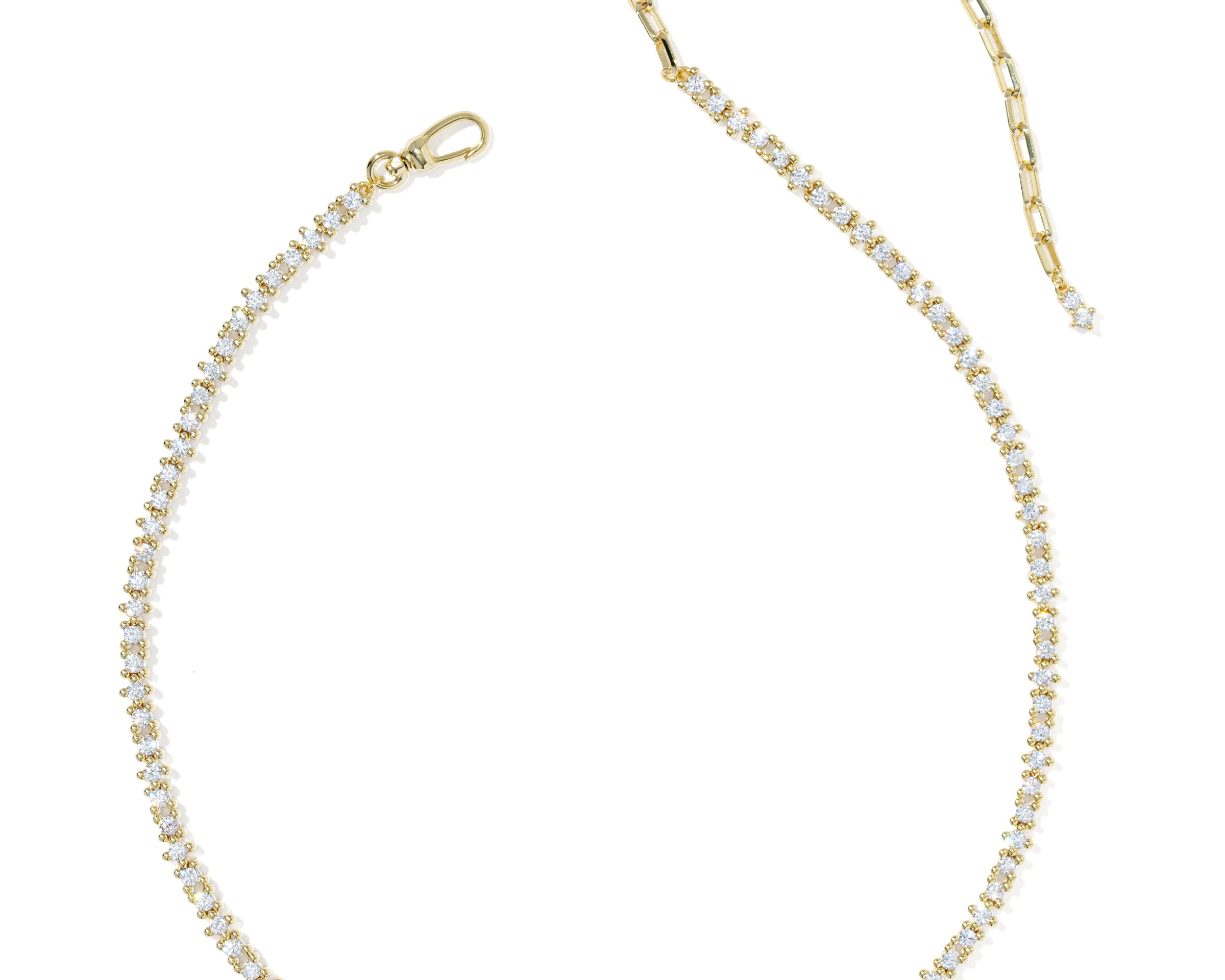 Kendra Scott Fate Tennis Necklace in gold, full length with cubic zirconia front and paperclip chain back