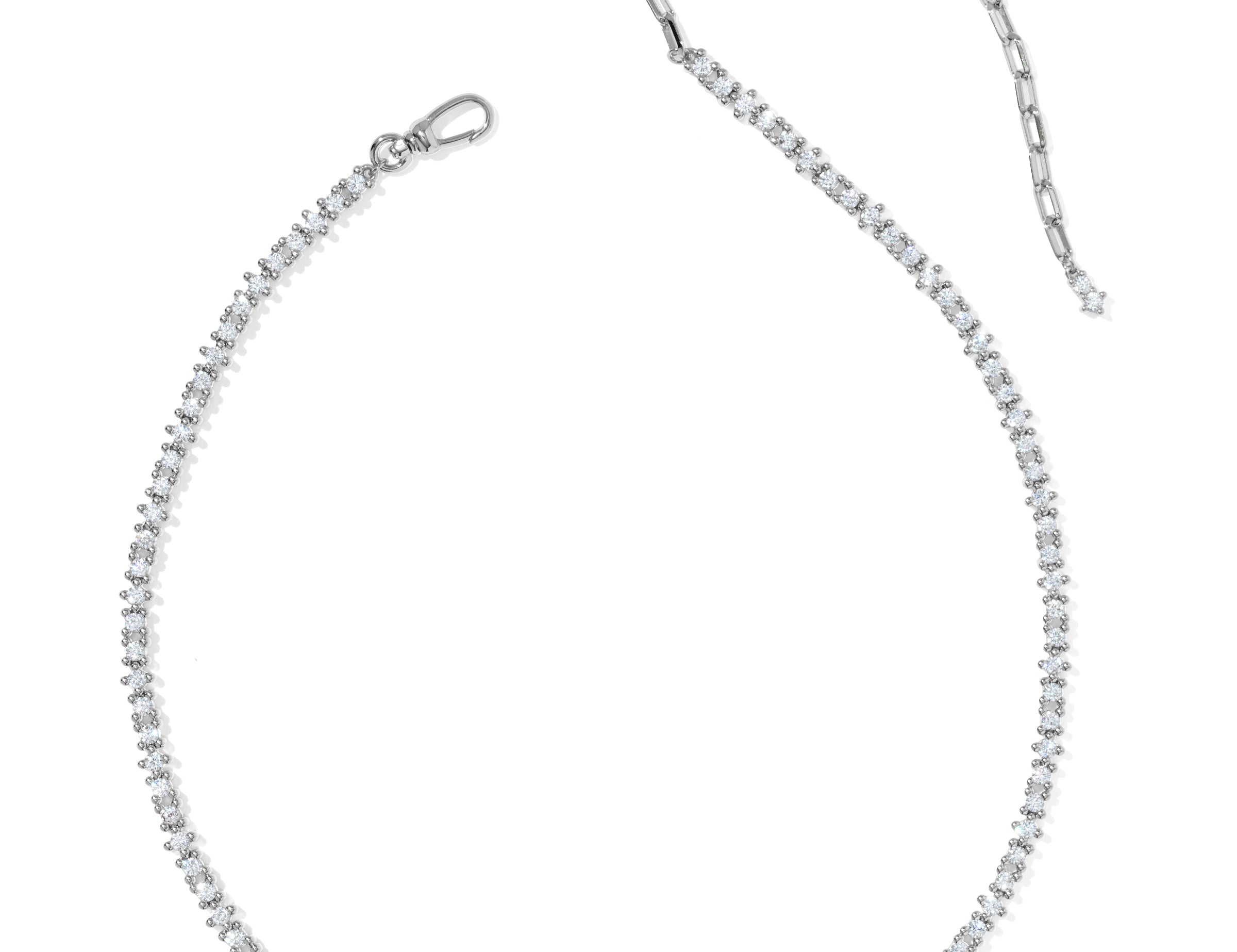 Kendra Scott Fate Tennis Necklace in rhodium silver, full length with cubic zirconia front and paperclip chain back