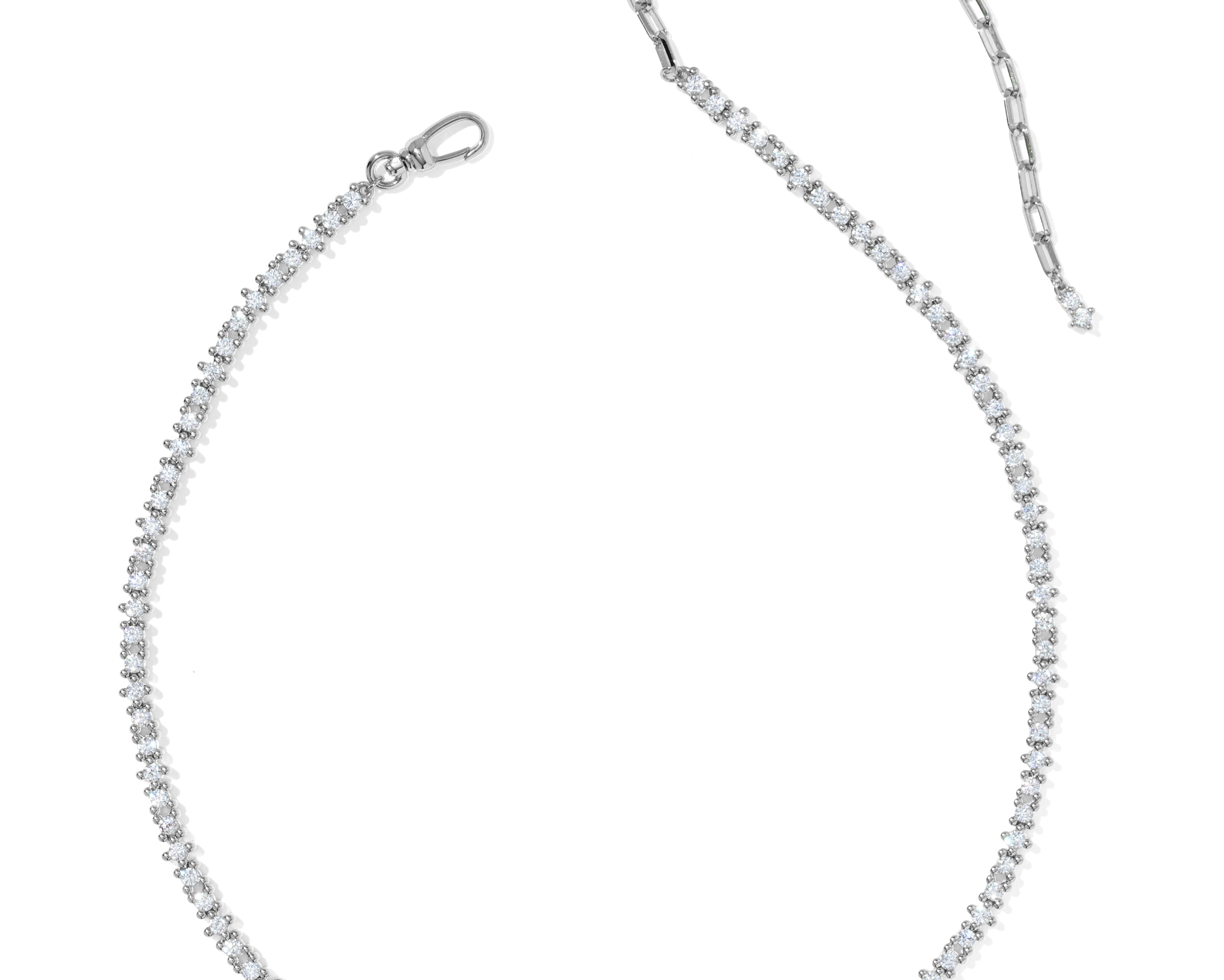 Kendra Scott Fate Tennis Necklace in rhodium silver, full length with cubic zirconia front and paperclip chain back