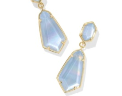 Kendra Scott Hallie Convertible Drop Earrings, gold geometric drops with pale blue iridescent stones