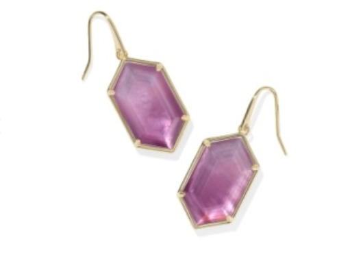 Kendra Scott Hallie Drop Earrings, gold hexagon drops with purple stones