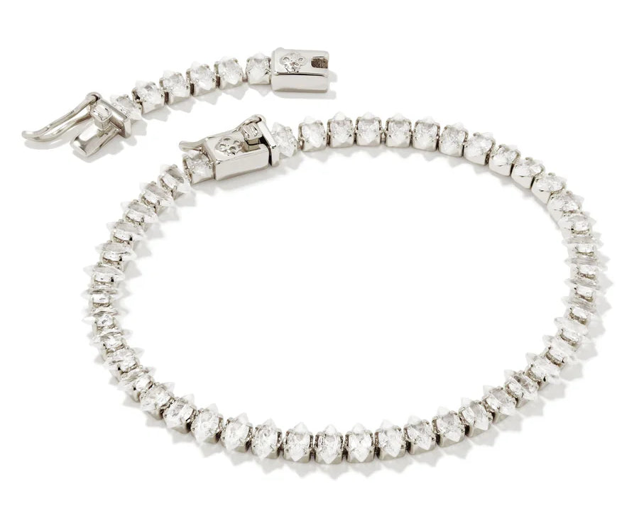 Kendra Scott Larsan Tennis Bracelet in Silver Metal, a line of clear crystals with a box clasp