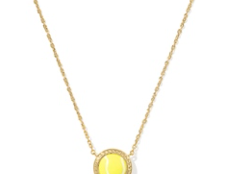 Kendra Scott Tennis Short Pendant Necklace, a gold chain with a small yellow tennis ball pendant