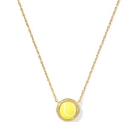 Kendra Scott Tennis Short Pendant Necklace, a gold chain with a small yellow tennis ball pendant