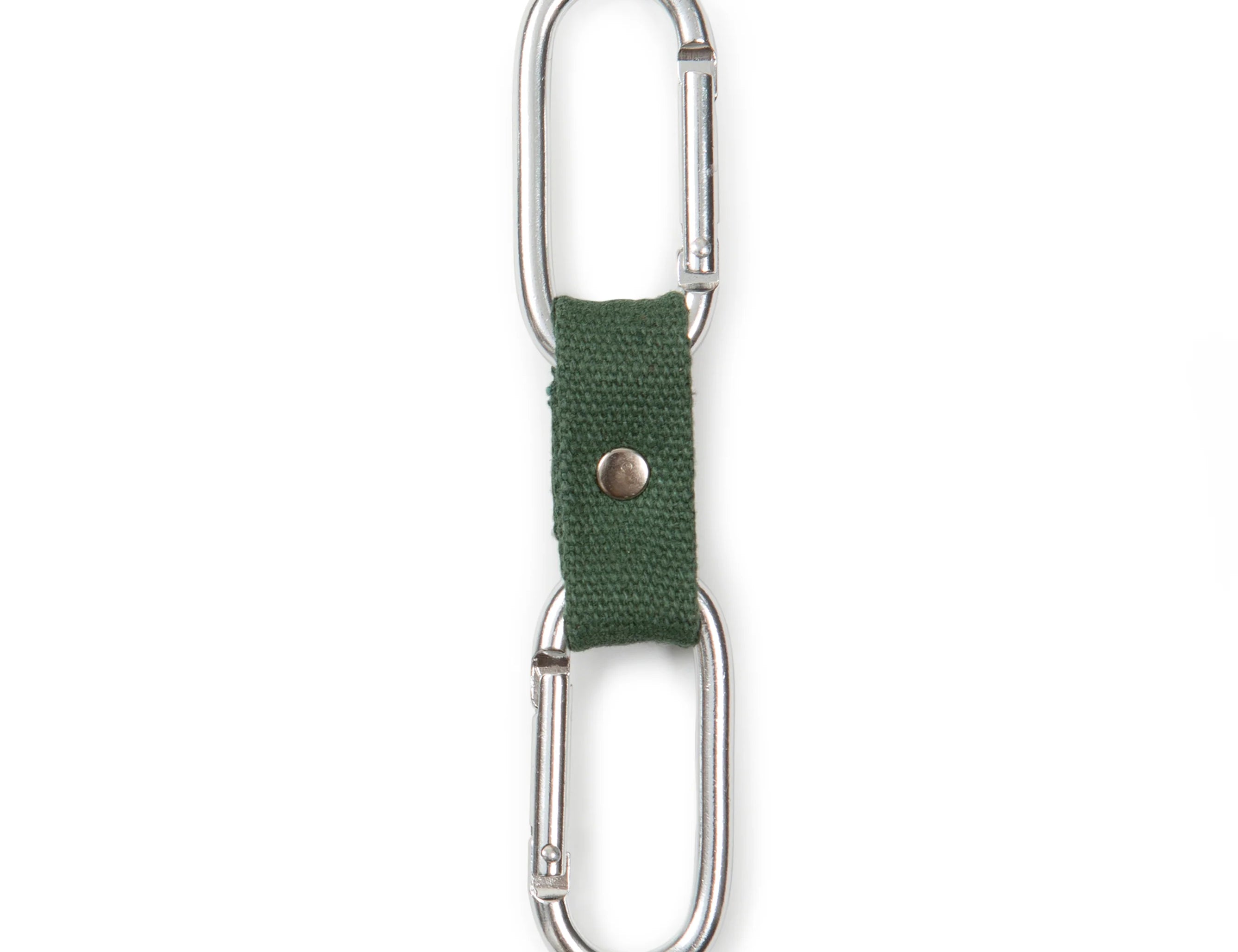 Kikkerland Dual Clip Buddy, a silver carabiner clip on a green webbing strap with a second clip