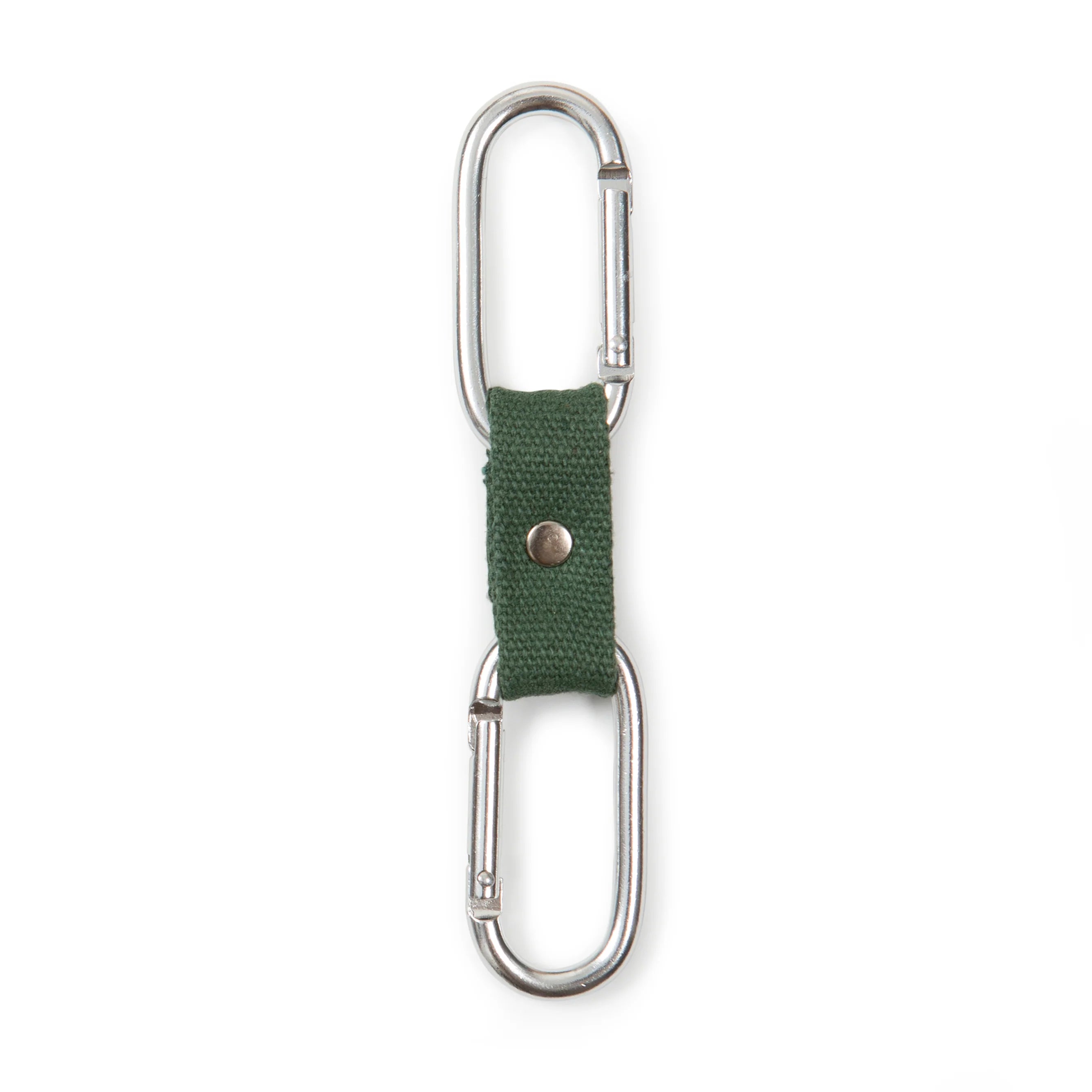Kikkerland Dual Clip Buddy, a silver carabiner clip on a green webbing strap with a second clip