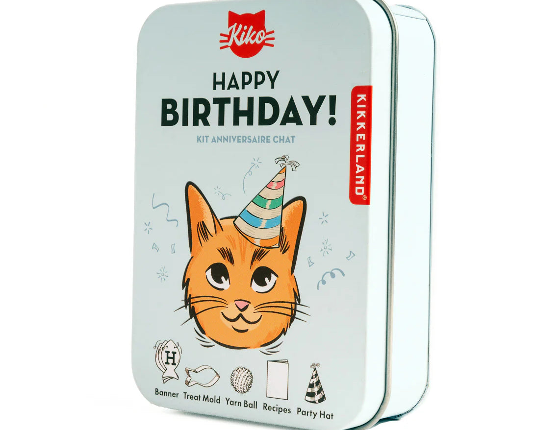 Kikkerland Kiko Cat Happy Birthday Set, a white tin with an orange cat in a party hat on the lid