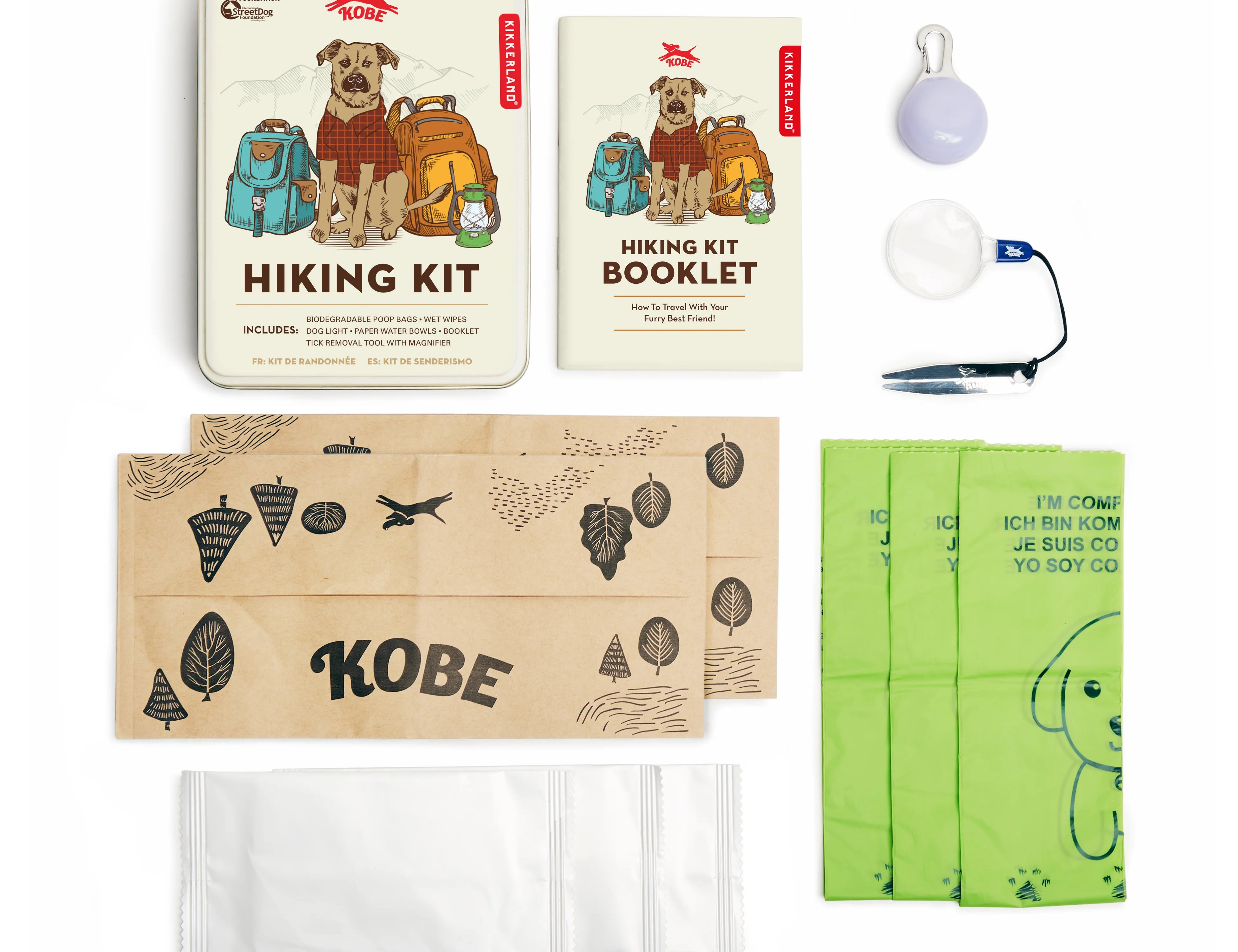 Kikkerland Kobe Hiking Kit contents: tin, booklet, poop bags, wet wipes, paper bowls, dog light and tick tool