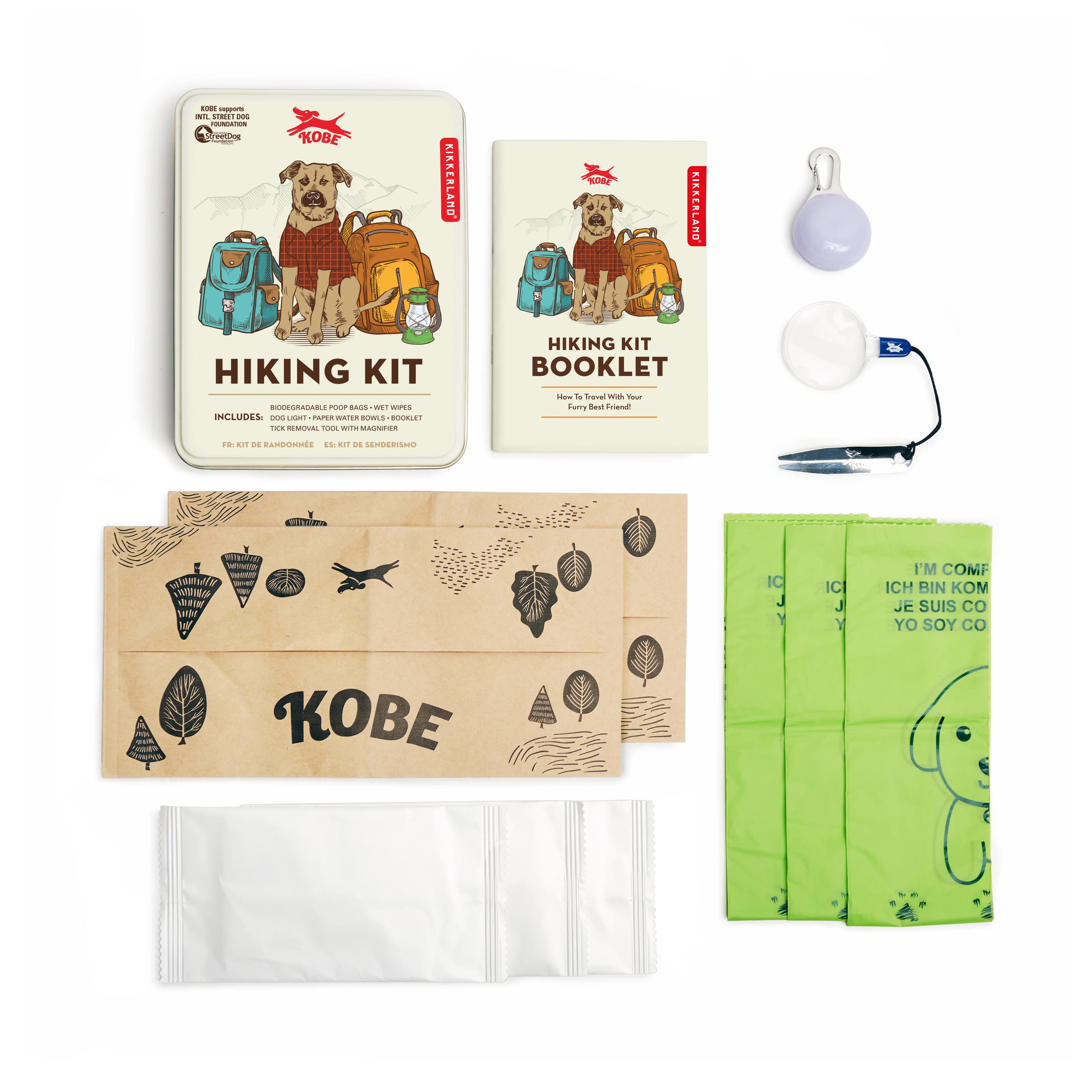Kikkerland Kobe Hiking Kit contents: tin, booklet, poop bags, wet wipes, paper bowls, dog light and tick tool