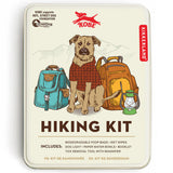 Kikkerland Kobe Hiking Kit tin with an illustrated dog in a plaid shirt beside backpacks