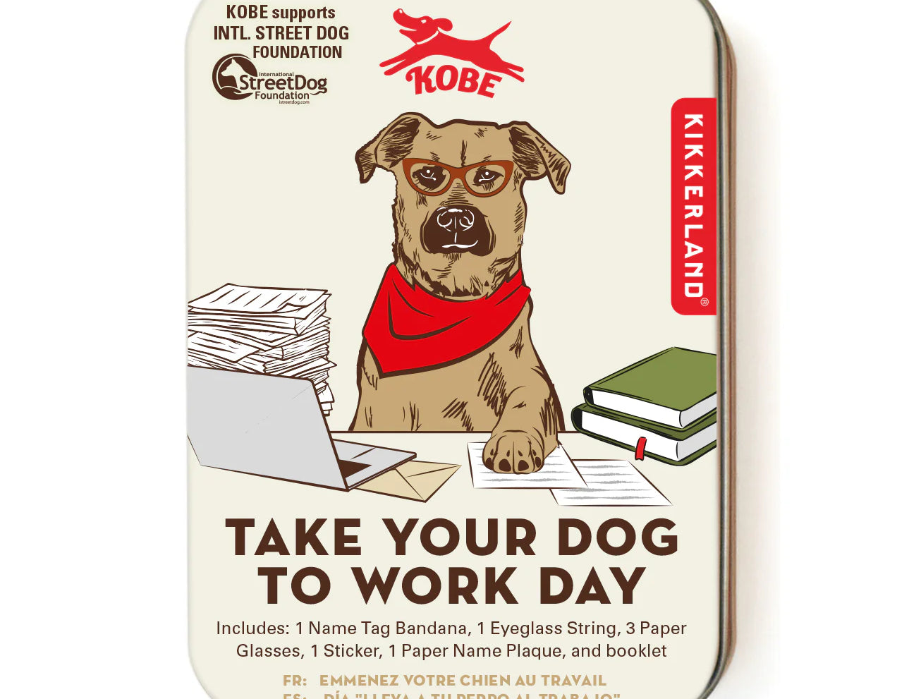 Kikkerland Kobe Take Your Dog to Work Day tin with an illustrated dog in glasses at a desk